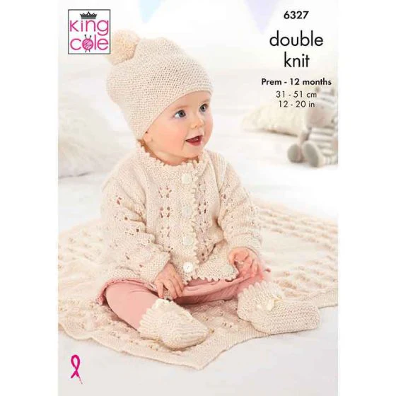 Matinee Coat, Cardigan, Hats, Bootees and Blanket knitted in King Cole Glitz DK
