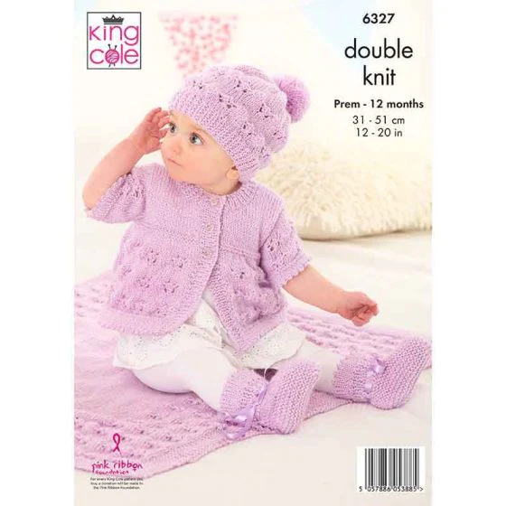 Matinee Coat, Cardigan, Hats, Bootees and Blanket knitted in King Cole Glitz DK - Image 3